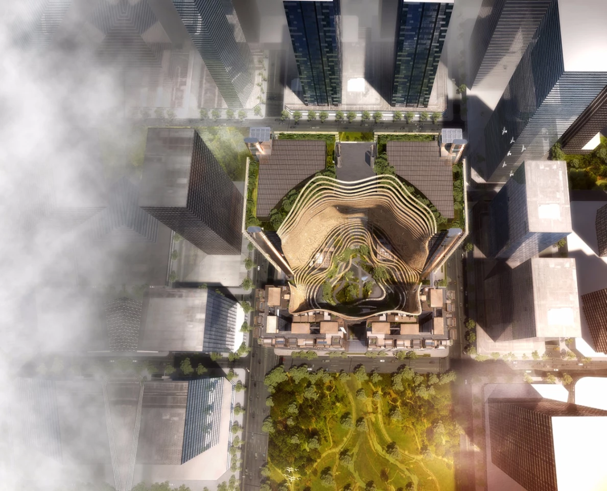 The development comprises two 30-story office towers, two 34-story residential towers and a retail podium set around a green public space