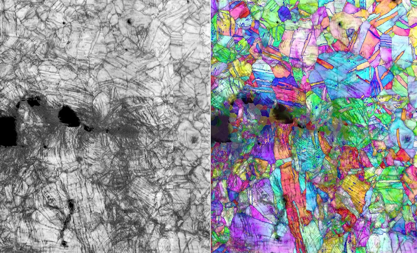 Microscope images of the crystal structure of the chromium, cobalt and nickel alloy, as it prevents cracks (dark area) from propagating