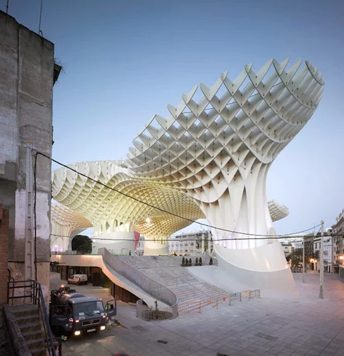 Another spectacular work from J.Mayer.H, the Metropol Parasol is a giant timber construction holding an elevated walkway