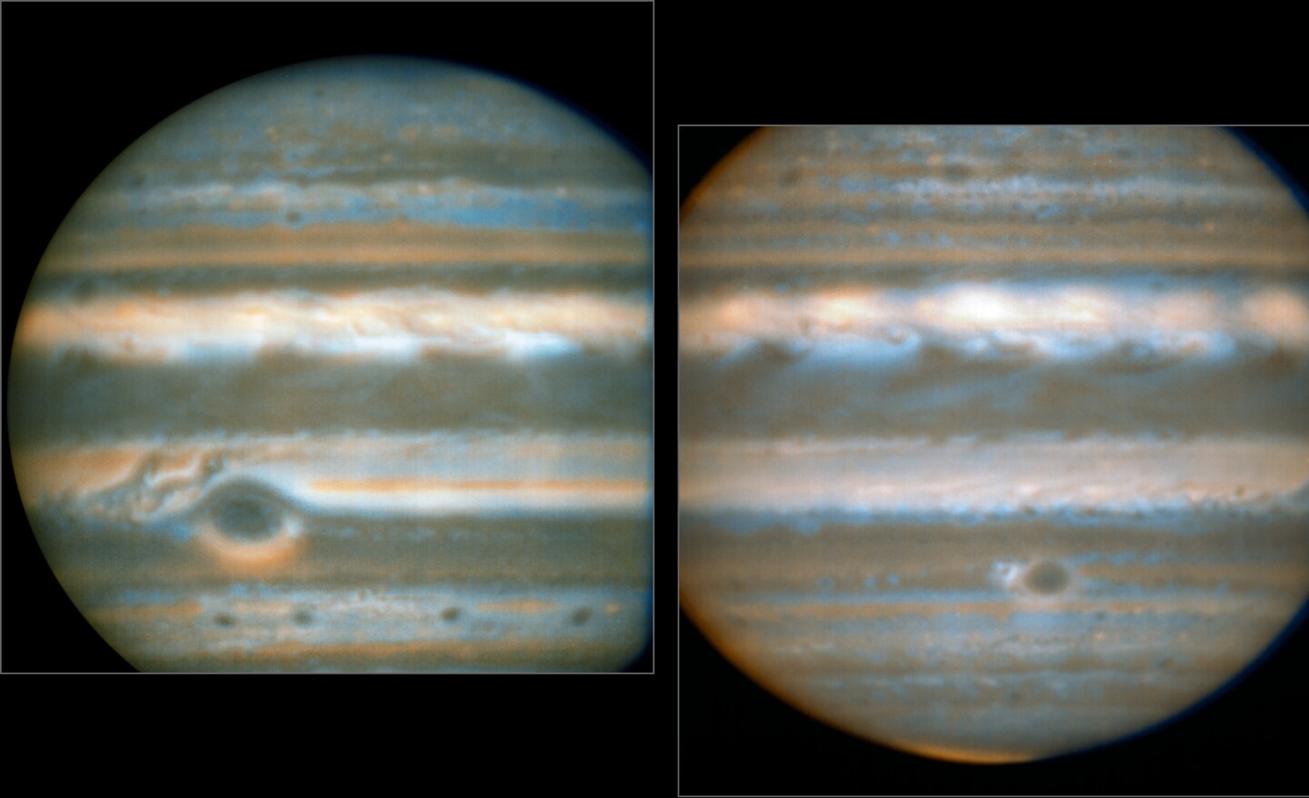 "The bluer areas are cold and cloud-free, the orangey areas are warm and cloudy, more colorless bright regions are warm and cloud-free, and dark regions are cold and cloudy (such as the Great Red Spot and the prominent ovals)," says the ESO of this image, which was also part of the project to map Jupiter in preparation for Juno's arrival on July 4