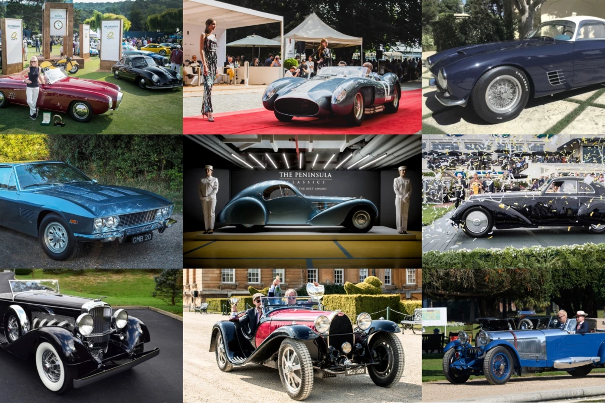 Last year's winning Bugatti surrounded by this year's eight contenders