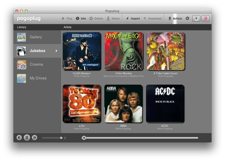 Pogoplug's new user interface - showing the music library on the connected storage device