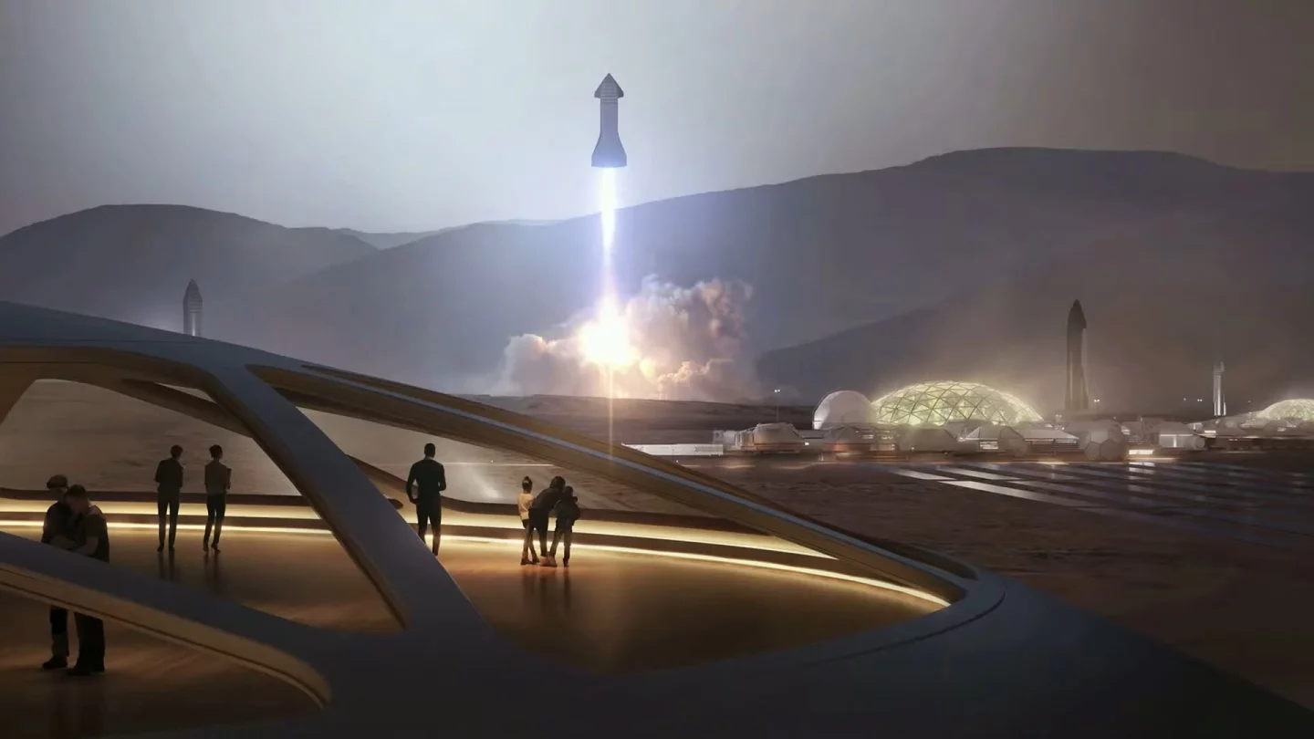 Artist's impression of a Starship spacecraft blasting off from a Martian city