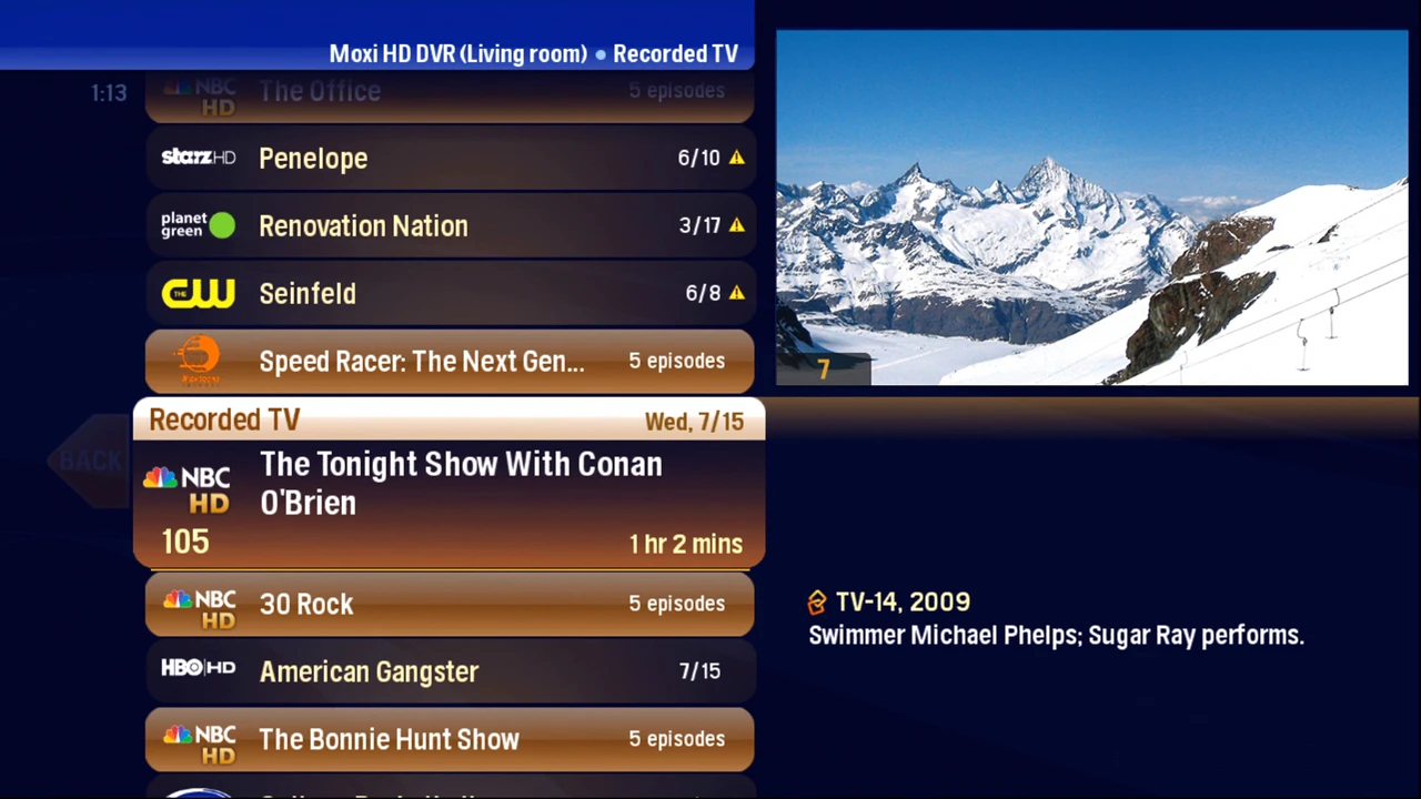The Moxi HD DVR menu