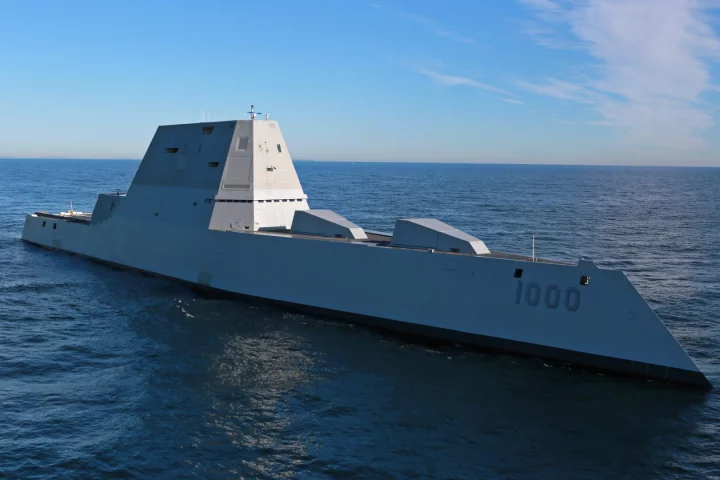 The future USS Zumwalt (DDG 1000) is for the first time conducting at-sea tests and trials in the Atlantic Ocean
