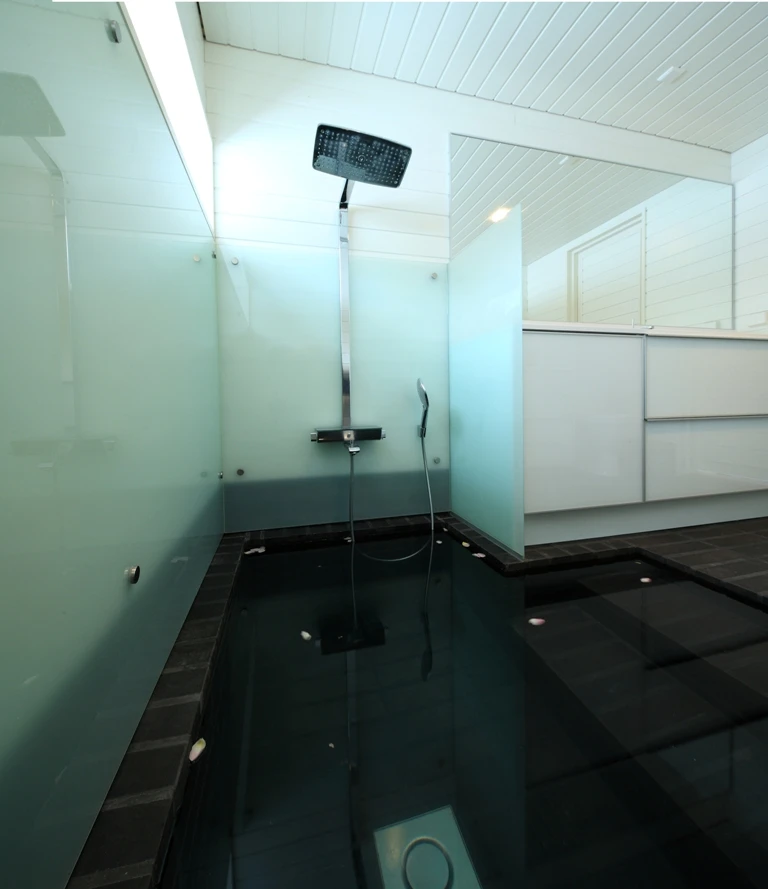 Apelle features a dramatic bathroom