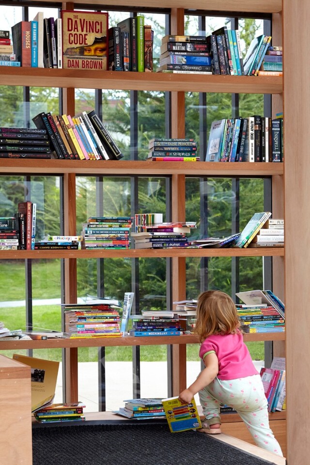 Visitors to the Story Pod can peruse the selection of books inside