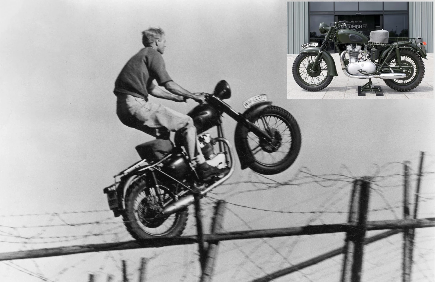 In the film, The Great Escape, Steve McQueen's character jumps a fence on a Triumph TR6 Trophy while being pursued by prison guards. Due to insurance reasons, McQueen wasn't able to perform the main motorcycle stunt in the movie, and the task fell to his great mate Bud Ekins. Bud and his brother Dave Ekins maintain their own web site and the story of what happened is recorded there in Dave's own words.