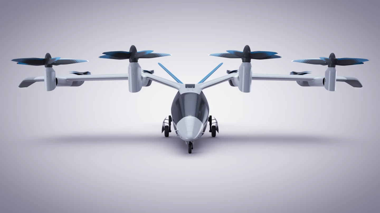 Minimal drag from the rear rotors in horizontal flight thanks to a folding, stacking design