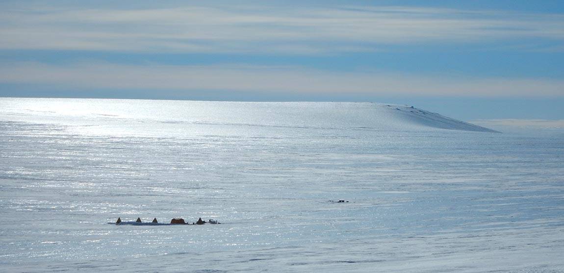 The team's camp on the barren blue ice of the Allan Hills in Antarctica