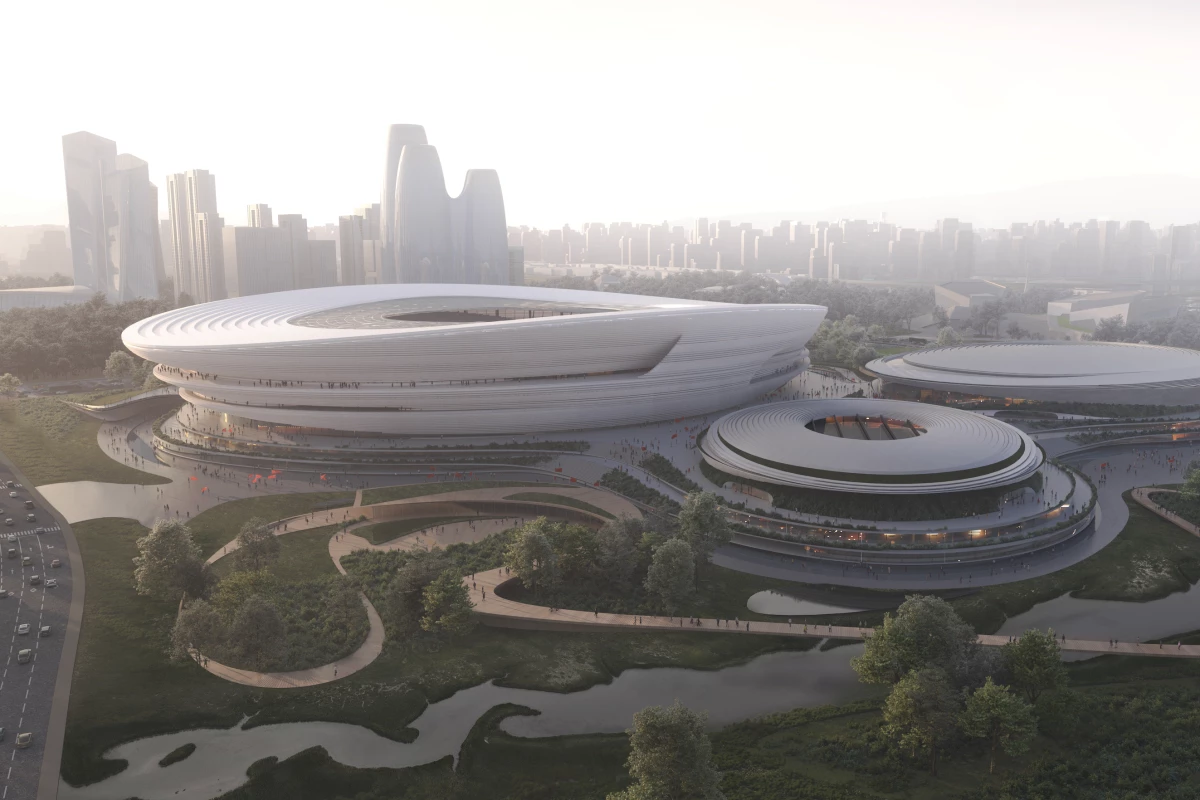 China's Hangzhou International Sports Centre will include a soccer stadium, an arena, and swimming pools