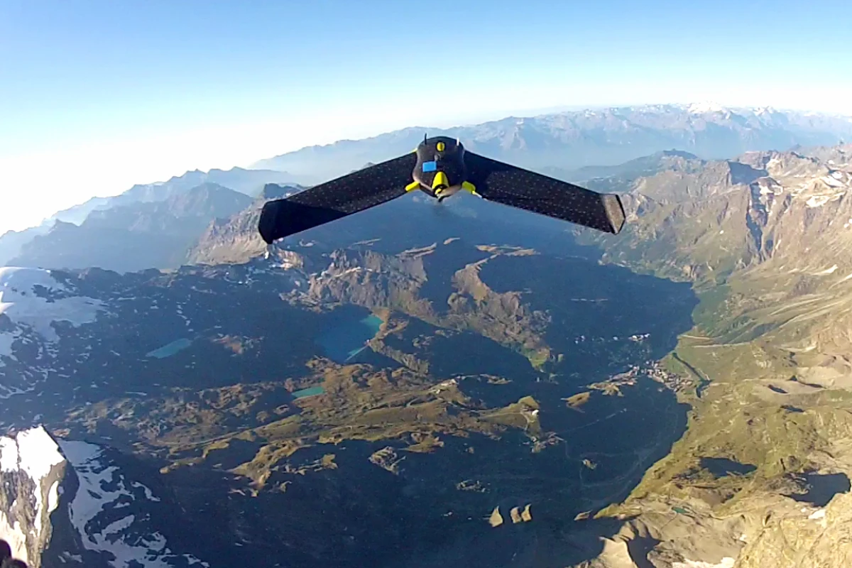 An eBee drone sails over the Matterhorn, acquiring data and taking pictures