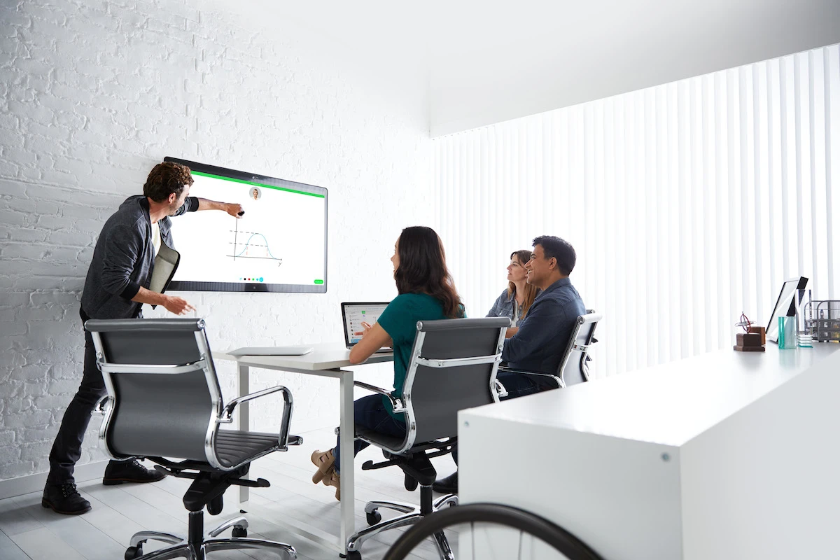 Using Cisco's Spark collaboration system, people can watch and participate in a meeting from a desktop, laptop or mobile device, even without their own Spark Board