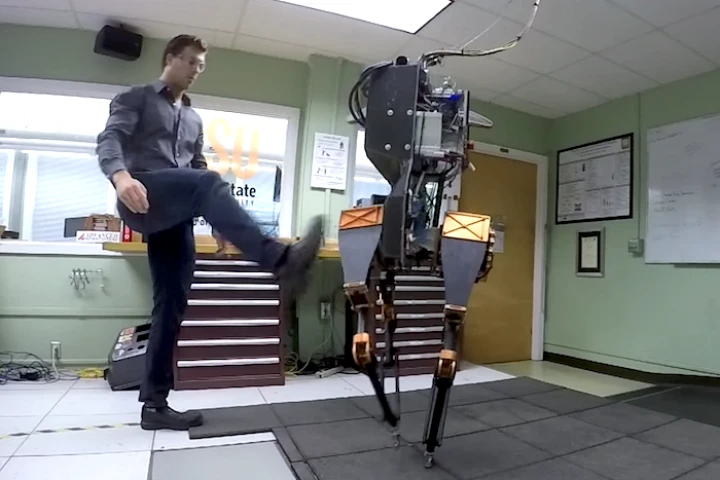 An ATRIAS bipedal bot can recover from a swift, sudden kick (Photo: Oregon State University)