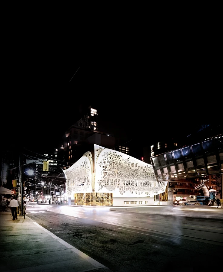 The geographical data was re-oriented to fit on the façade