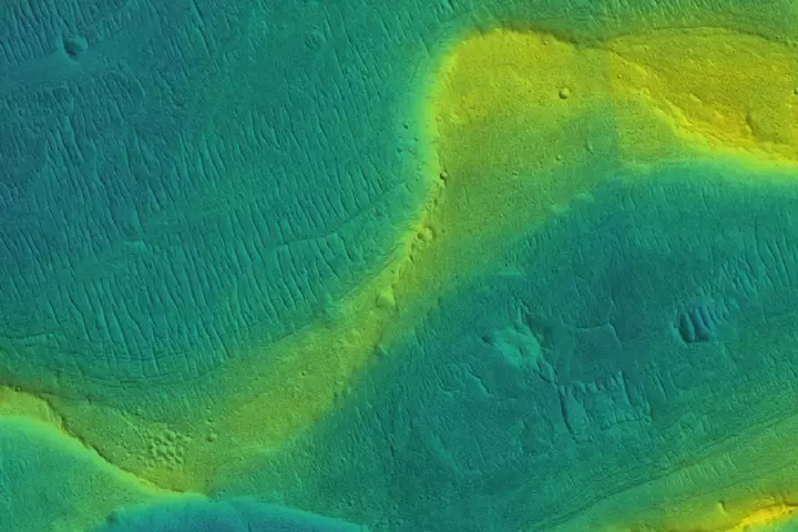 A preserved river channel on Mars with color overlaid to show different elevations (blue is low, yellow is high)
