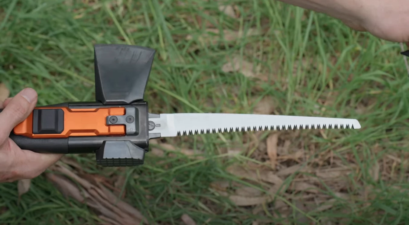 An 8-in saw with an axe on the side – intimidating but handy at camp