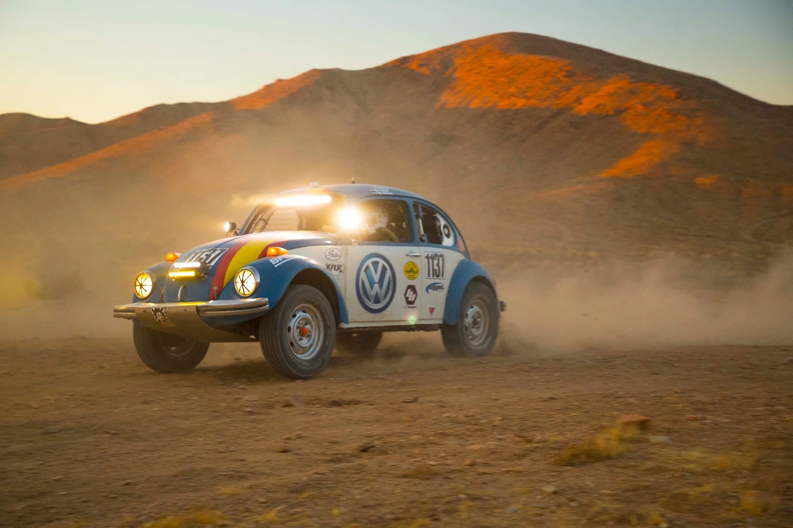 Tope has been restored and modified for desert racing, running with a stock 1.6-liter air-cooled horizontally-opposed engine and a type 1 transaxle with limited modifications for the rigors of the desert race