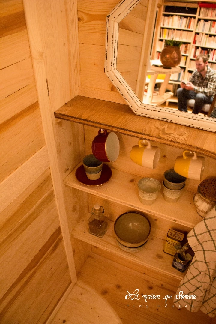 The tiny bookstore's kitchen area