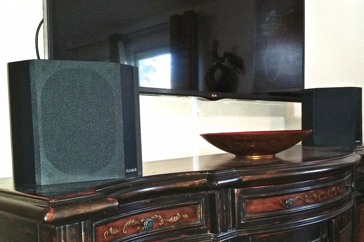 Fluance surround speakers set up in a living room, for home theater surround sound