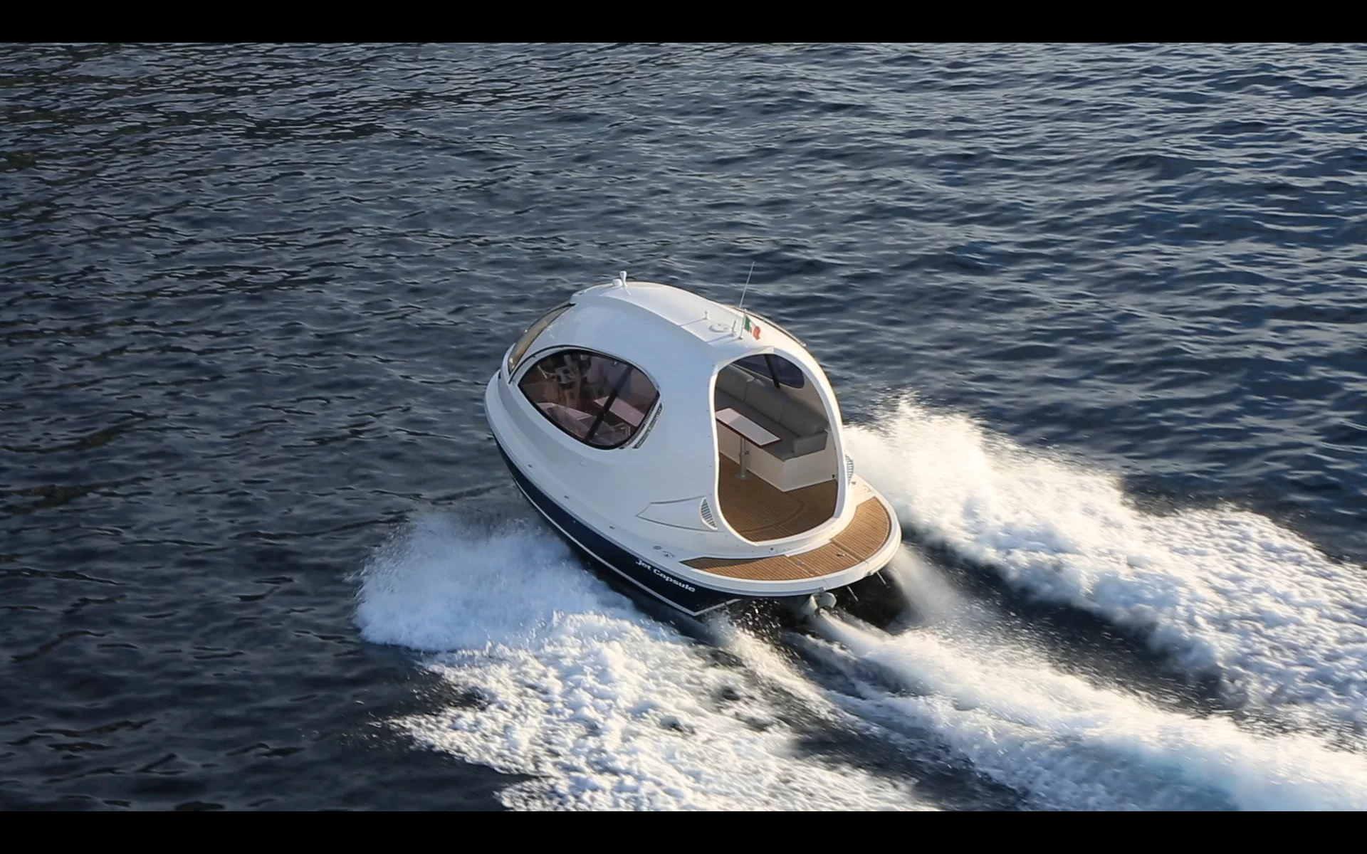 Jet Captule features a protected deck, automatic closing doors, rear diving platform, convertible bedroom and toilet