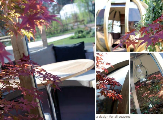 The G-POD series features rotating or fixed spheres that create a practical outdoor living addition