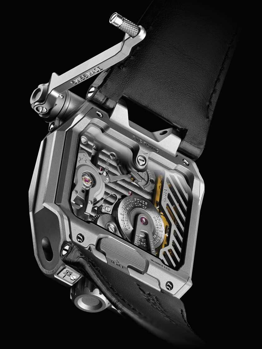 The Urwerk EMC showing the manual winder for the generator