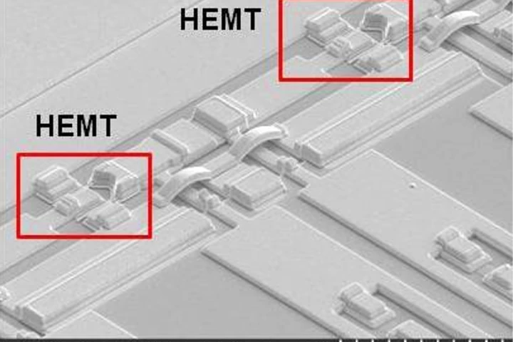 Electron microscope scan of a THz circuit detailing its high-electron-mobility transistors