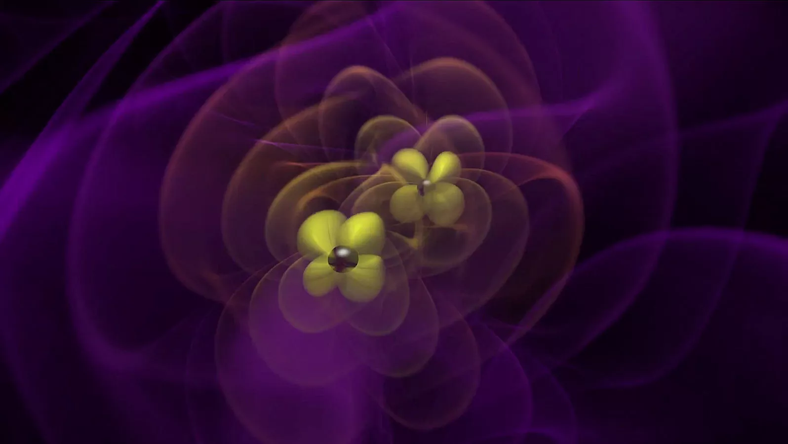 Distortions of space-time caused by the rapidly orbiting masses of two black holes become gravitational waves as they spread out and weaken