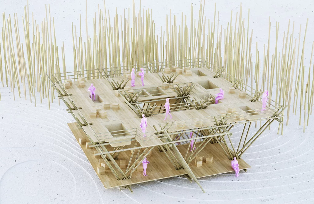 The treehouse comprises interconnecting grids measuring 4.7 x 4 m (15.4 x 13 ft) (Image: Penda)