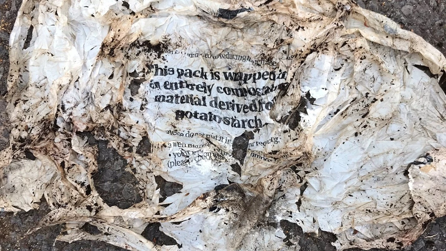 A photo of a not-so-compostable plastic wrap, submitted by a participant in the Big Compost Experiment