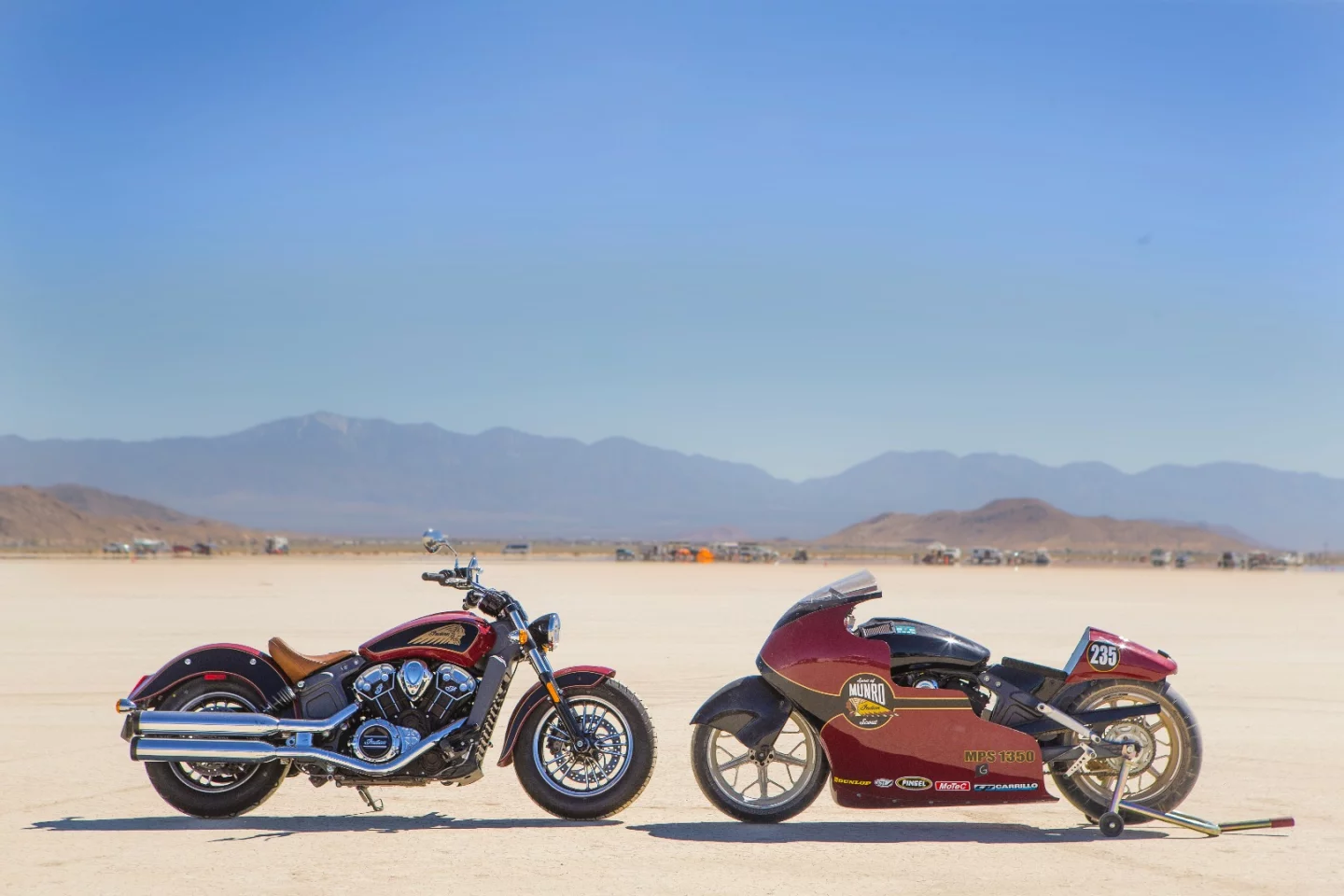 The Indian Scout Streamliner on the right uses a rebored engine from the stock Indian Scout like the one on the left
