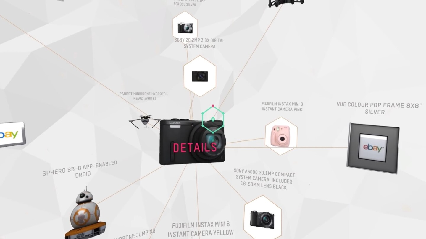 The VR department store is controlled by head and eye movements, and gazing at an item for a short time will bring up more options
