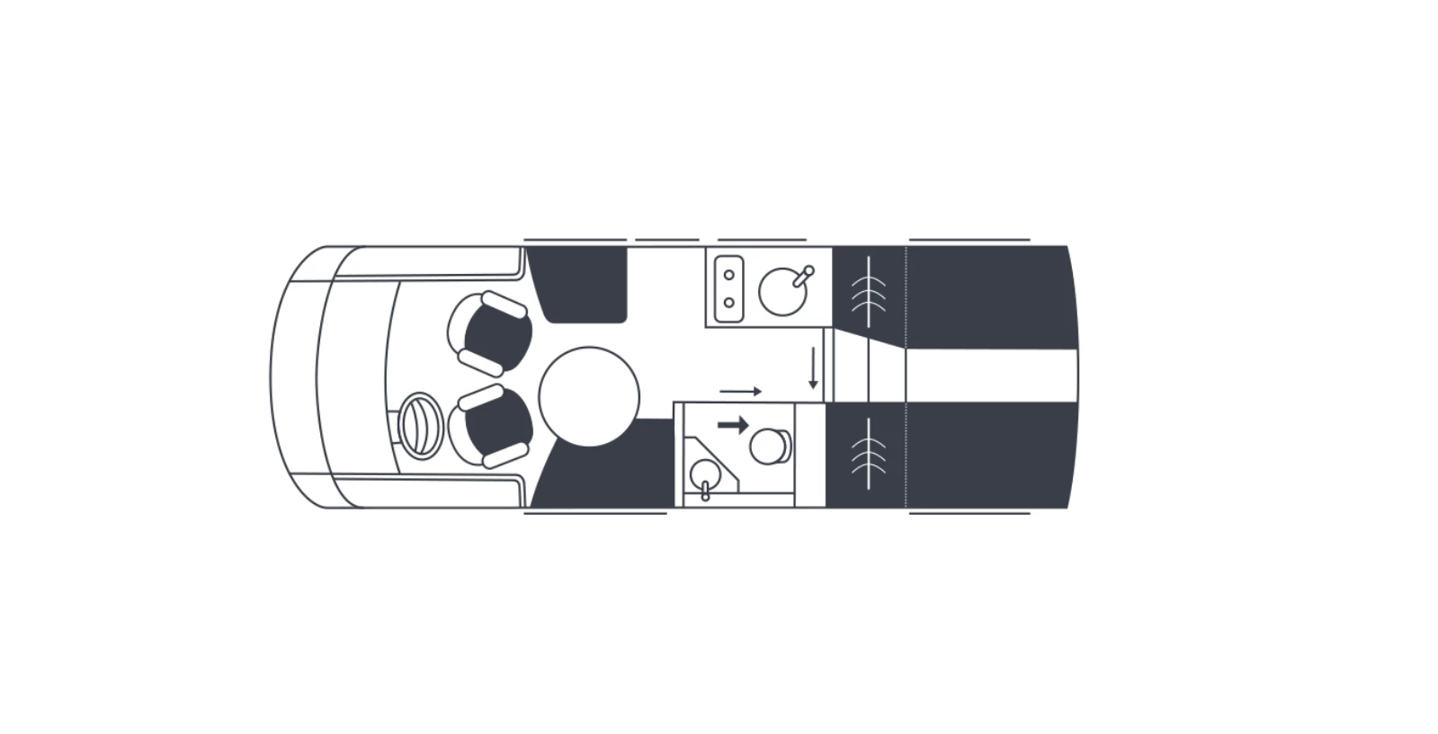 The iSmove 6.9 E floor plan has individual longitudinal rear beds that combine into a double