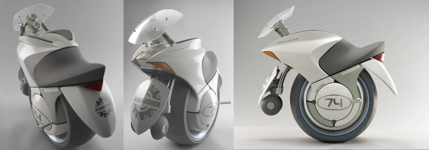 Bombardier's 2004 Embrio concept was a futuristic self-balancing fuel-cell monowheel motorcycle and used technologies the company thought would be commercially viable by 2025. The Embrio was our first story to achieve more than a million page views. Bombardier has subsequently been renamed to become BRP.