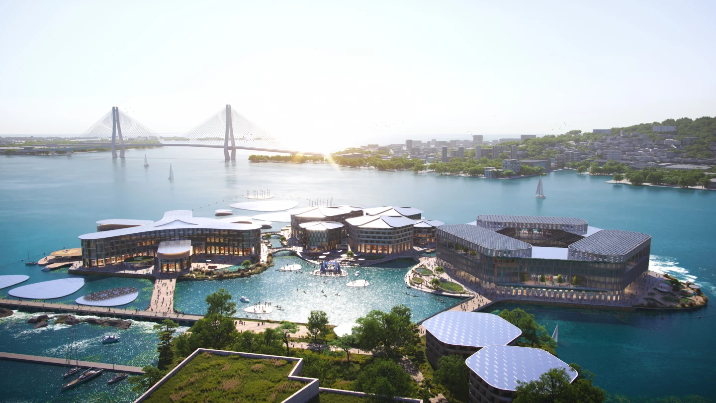 Oceanix Busan will consist of three main floating islands, which will host 12,000 people, with the potential to grow up to 20 islands and many more people