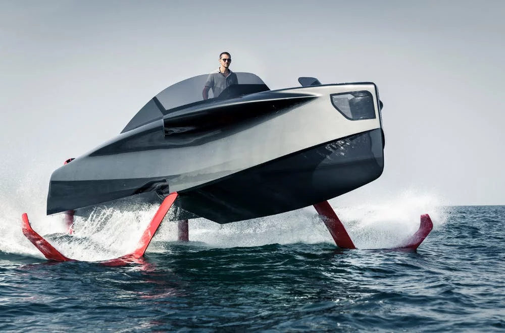 The Foiler's hybrid propulsion system combines two 300-hp diesel engines and two of Enata's electric torpedo engines