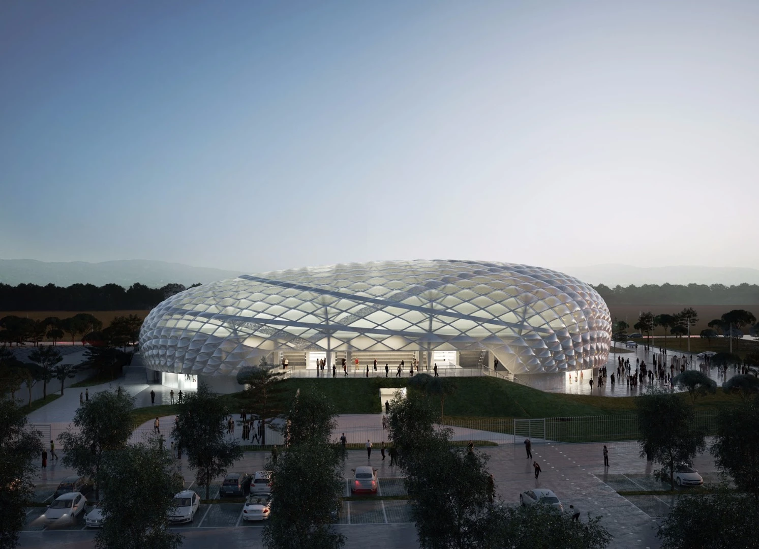 The structure comprises a steel frame with an outer layer of ETFE pressured air cushions