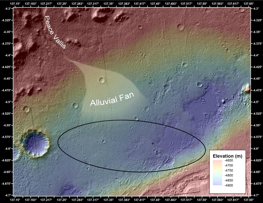 Topographical image of Curiosity's exploration area showing the alluvial fan that carried gravel from Peace Vallis (Image: NASA/JPL-Caltech/UofA)