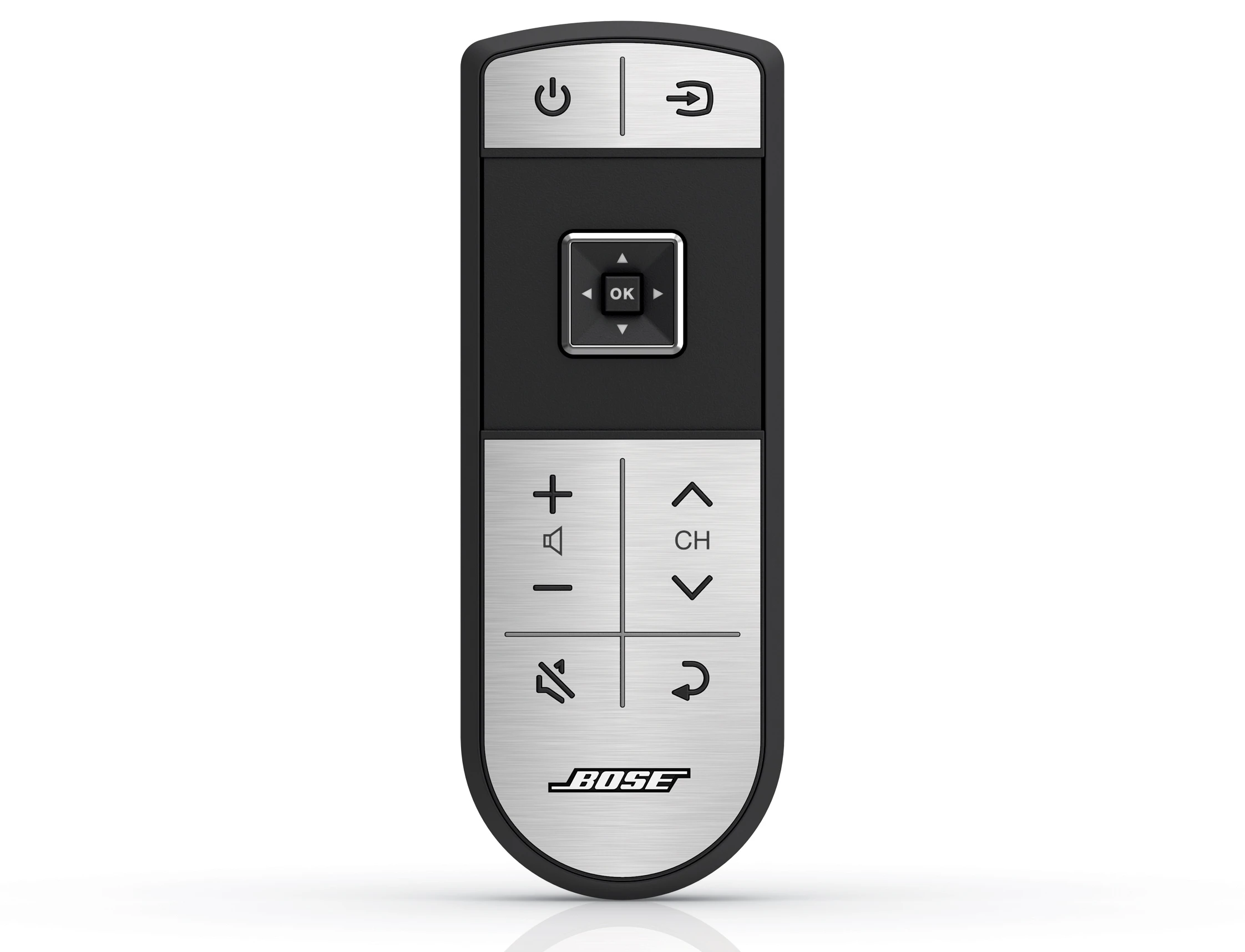 The updated click pad remote with aluminum buttons
