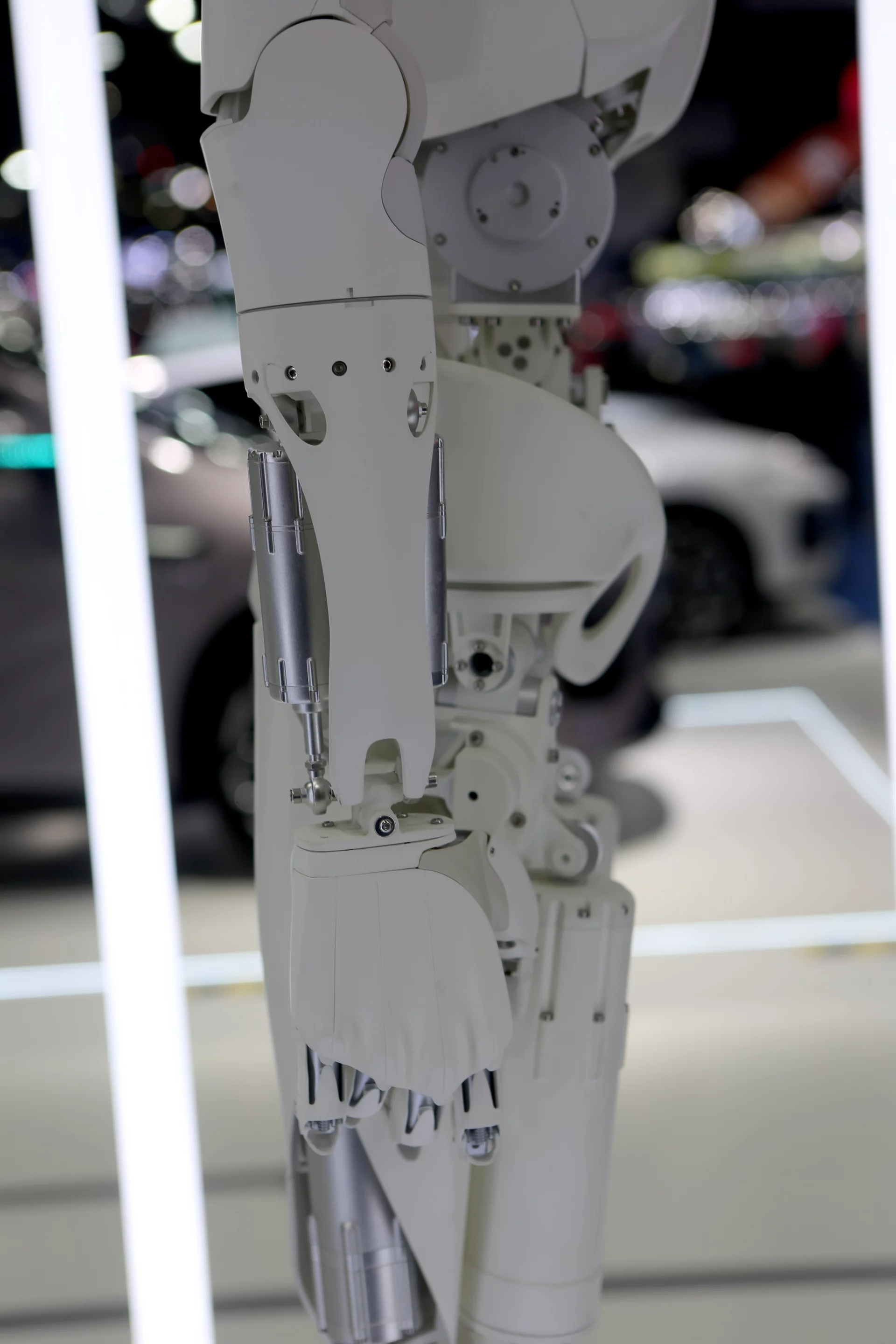 A close up of XPENG's IRON robot at the 2026 Bangkok International Motor Show, taken without its outer skin. Mass production of the the humanoid IRON robots will begin this year (2026) in Guangzhou with a monthly target of 1000 units by year's end.