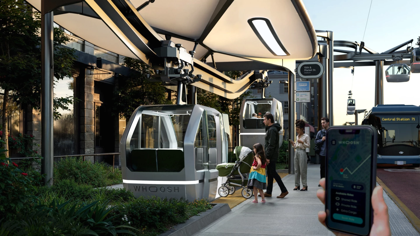 Larger ground-based stations take up about the same space as a bus stop – the vehicles climb back up the rail to rejoin the main network