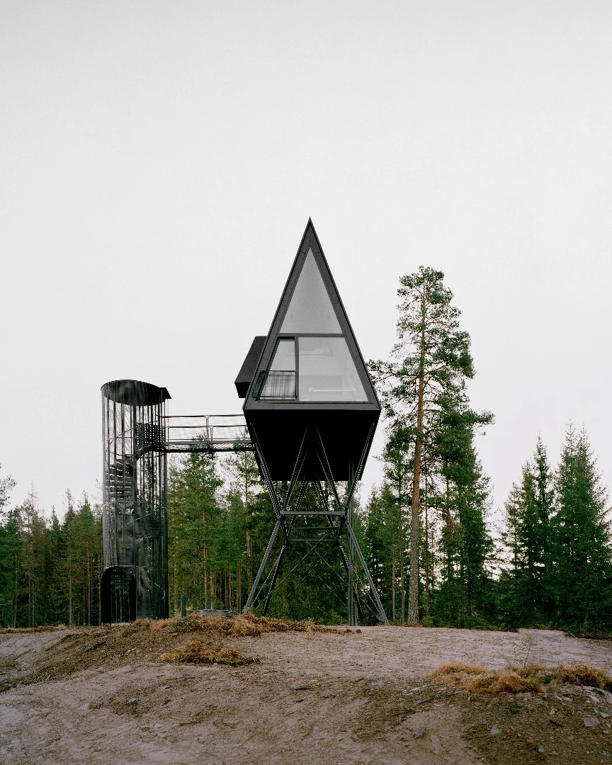The Pan Treetop Cabins are part-inspired by the Moomins and are raised 8 m (26 ft) above the ground