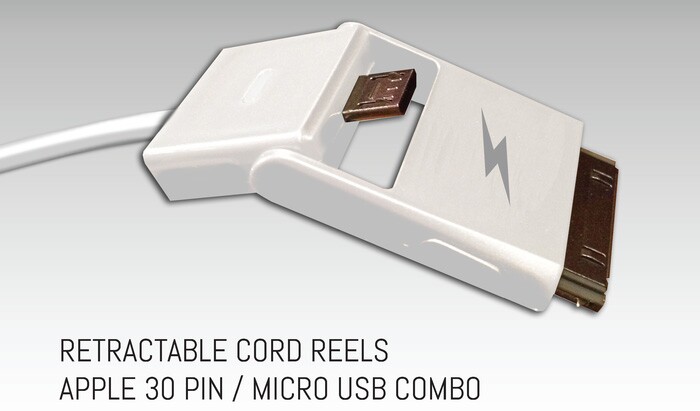 The POP charger features a combo 30-pin/micro-USB connector