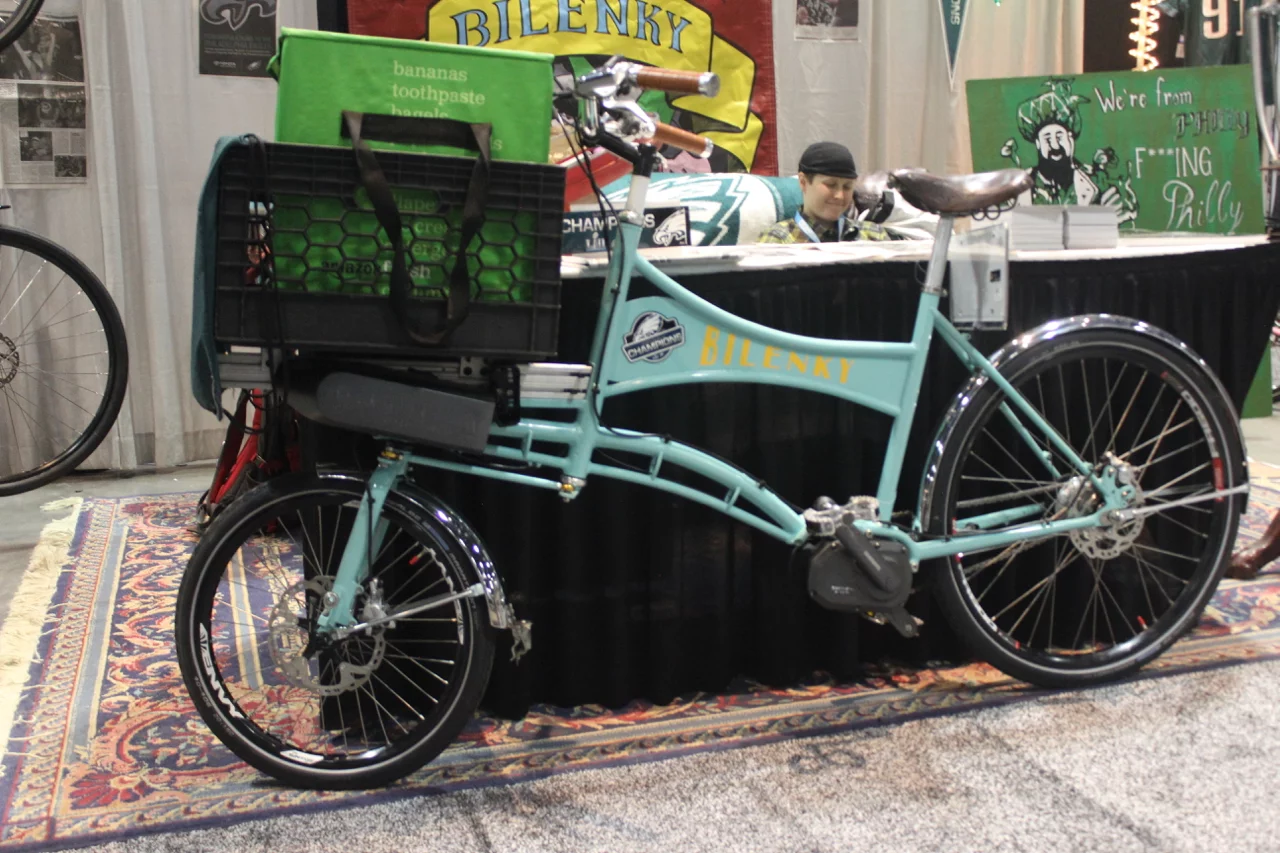 An electric-assist cargo bike, made by Bilenky Cycle Works