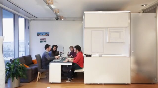 The CityHome not only reveals a hidden dining table for six, but also additional concealed seating