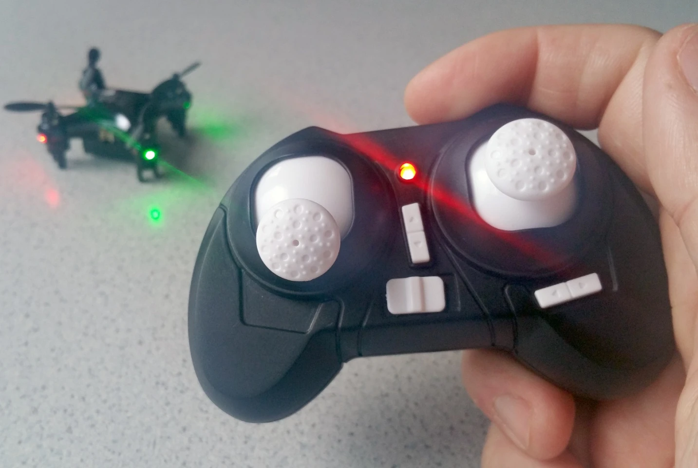 Although the Axis Drones Vidius comes with a transmitter, users can fly the quadcopter by using a smartphone with the Axis Drones mobile app