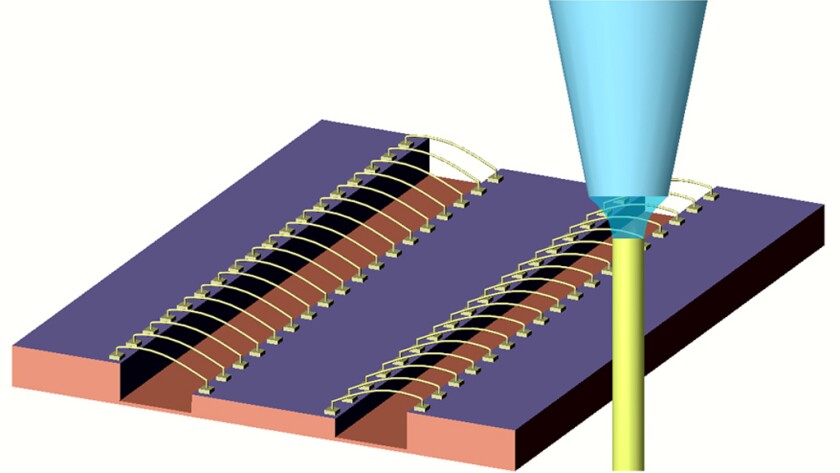 Using a micropipette nozzle the researchers can make tiny wire bonds to connect integrated chips using a direct-write technique (Image: L. Brian Stauffer)