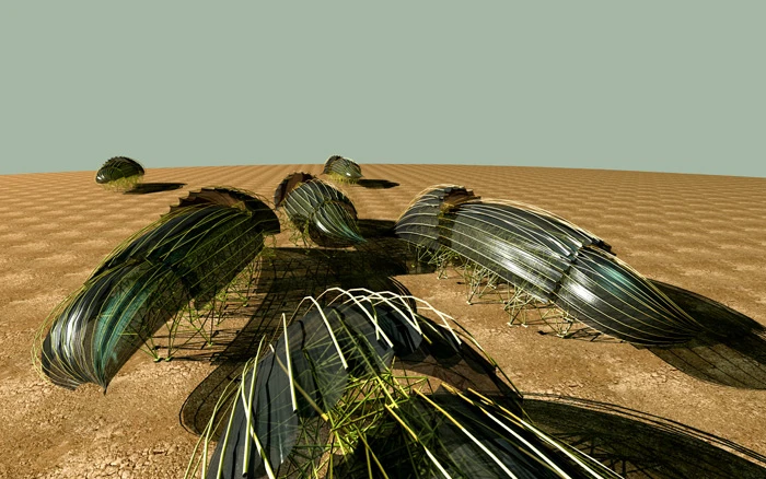 A computer-generated visual of gigantic beetle-like Gryllothalpa Strandbeests with a unique genetic code (Photo: Theo Jansen)