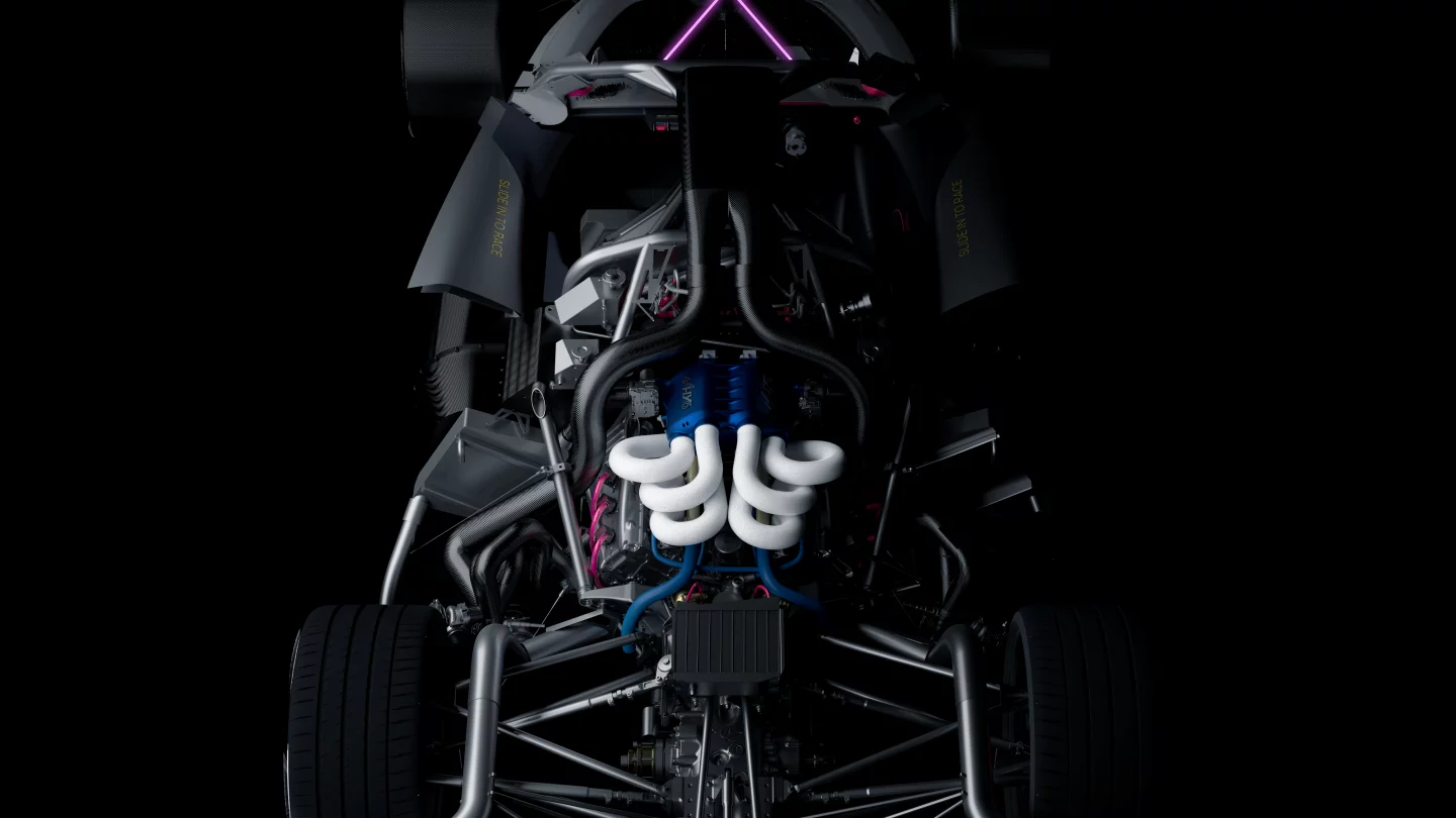 The 740-hp 3.5-liter Hy6 engine is mounted aboard a carbon fiber LMP3 racing chassis optimized for use with the new engine